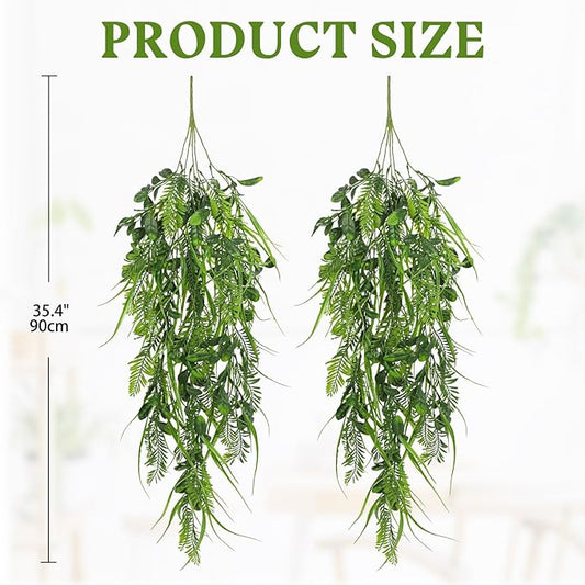 Hollyone 2pcs Artificial Hanging Plant 36" Faux Ferns Artificial Plastic Greenery Ivy Leaves Fake Vines for Wall Farmhouse Living Room Kitchen Shelf Garden Home Patio Indoor Outdoor Decor