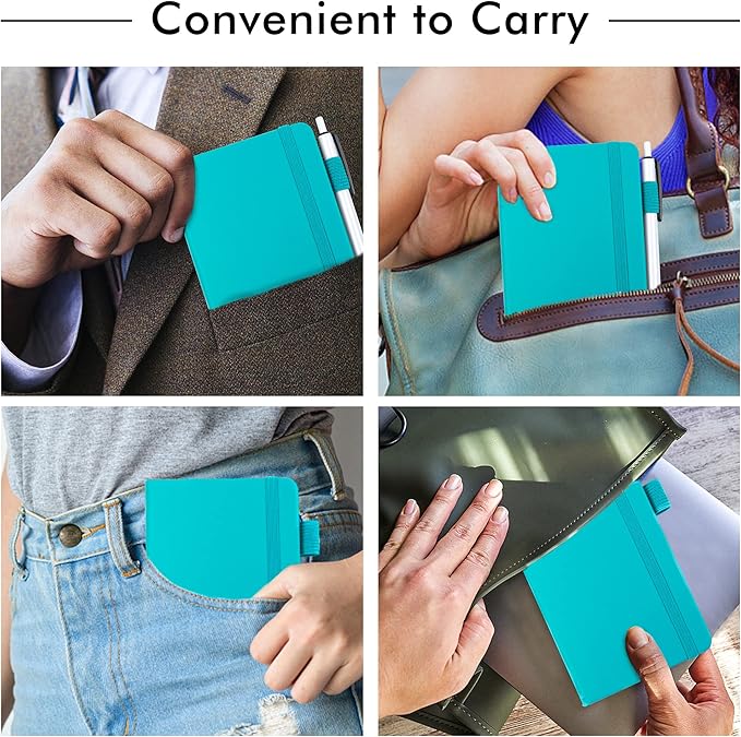 feela 3 Pack Pocket Notebook Journals with 3 Black Pens, A6 Mini Cute Small Journal Notebook Bulk Hardcover College Ruled Notepad with Pen Holder for Office School Supplies, 3.5”x 5.5”, Emerald