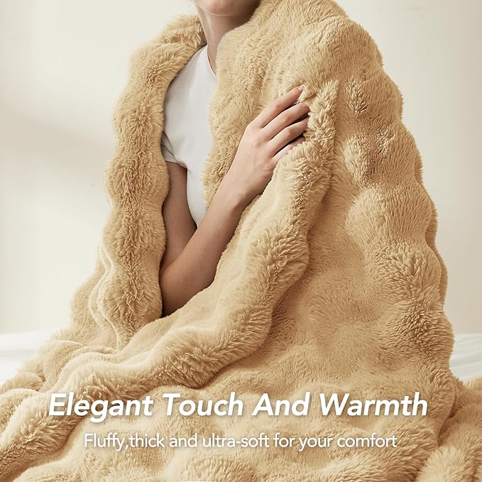 L'AGRATY Faux Rabbit Fur Blanket: 60" x 80" Twin Luxury Soft Fluffy Thick Fur Throw Blanket for Couch Bed - Cozy Plush Bubble Blankets for Winter: Flannel Fleece Decorative Blanket(Milk Tea Brown)