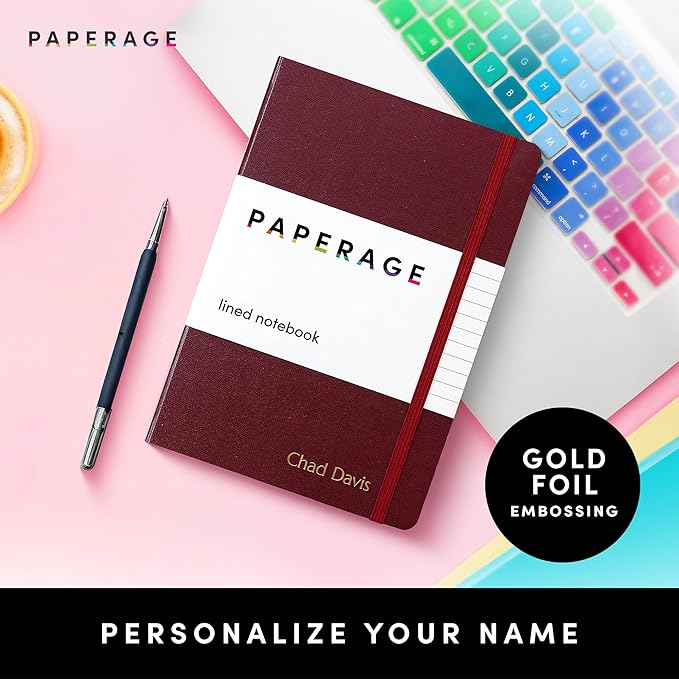 PAPERAGE Personalized Lined Journal Notebook for Writing - Customizable Text in Embossed Metallic Gold Foil, 160 Pages, 100 GSM Thick Paper, Leather Hardcover, 5.7 inches x 8 inches, Burgundy