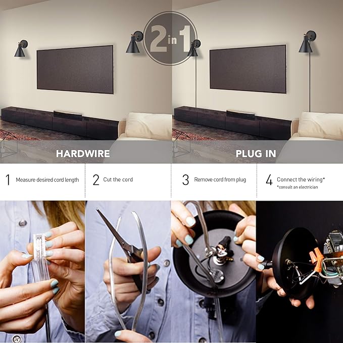 GLOBE Electric 51725 1-Light Dimmable Plug-in or Hardwire Wall Sconce, Matte Black, Faux Walnut Accent, Stepless Dimming Rotary Switch on Canopy, Black Fabric Cord, Bulb Not Included