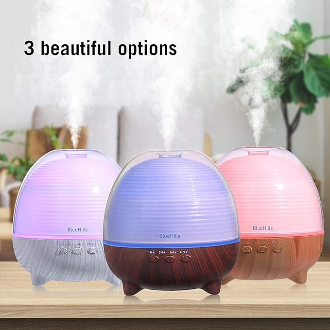 BlueHills Premium Essential Oil Diffuser with Remote Cute Aromatherapy Humidifier Large Capacity Coverage Area for Home Room Office Long 12 Hour Run Timer Lights White Wood Grain-S01-600ML