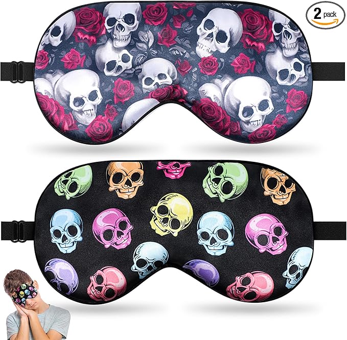 2 Pcs Human Skulls Sleep Halloween Mask for Women Men, Funny Silk Eye Covers for Sleeping, Adjustable Strap & Light Blocking Design, Adult Children's Bedtime Blindfold for Travel and Home Use (Skull)