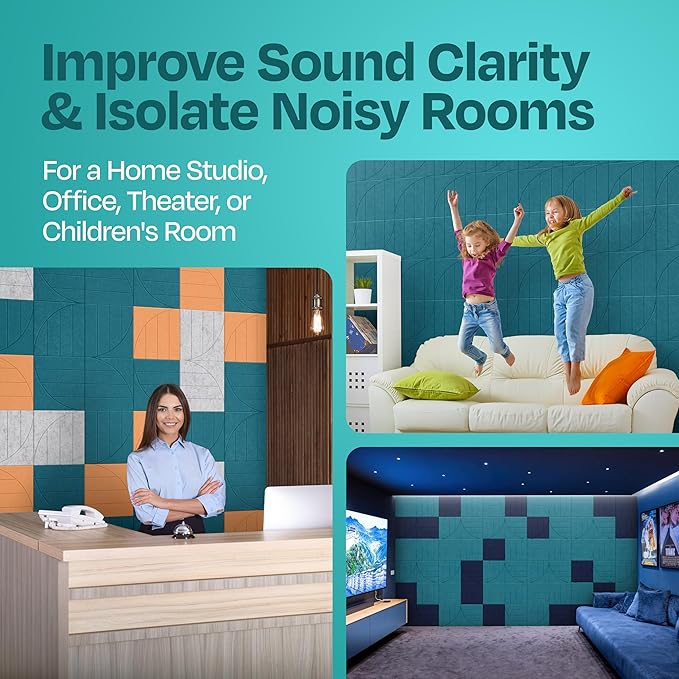Acoustic Panels 12-Pack Soundproof Wall Panels 12"x12"x0.4" Decorative Sound Dampening for your Home, Office, Studio, Bedroom & More with Unique ModuArc Carving [Light Turquoise]