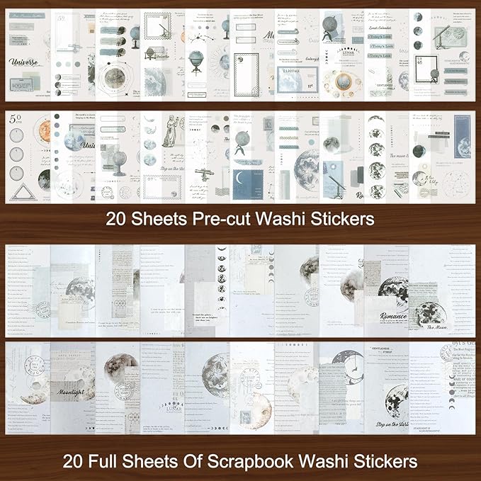 Dizdkizd Celestial Themed Washi Stickers for Journaling, Vintage Ephemera Sticker Book with 180pcs Planet Stickers and 20 Astronomy Scrapbook Papers for Junk Journals Paper Crafting