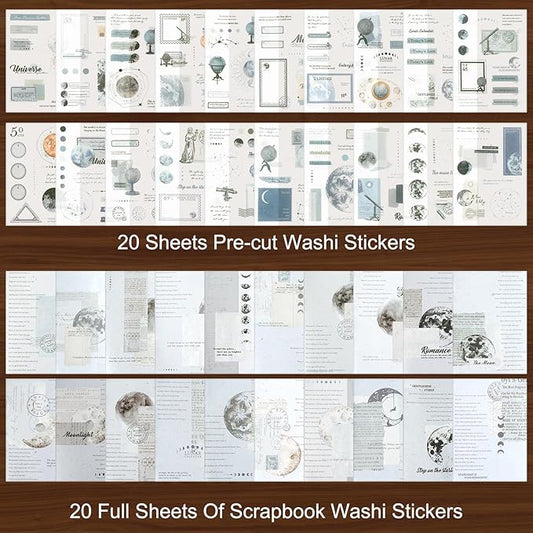 Dizdkizd Celestial Themed Washi Stickers for Journaling, Vintage Ephemera Sticker Book with 180pcs Planet Stickers and 20 Astronomy Scrapbook Papers for Junk Journals Paper Crafting