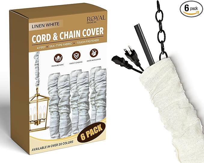 Royal Designs, Inc. Cord & Chain Cover 4 ft Silk Type Fabric, Chandelier Pendant Lighting Chain & Cable Management, Touch Fastener, Linen White - 6 Pack