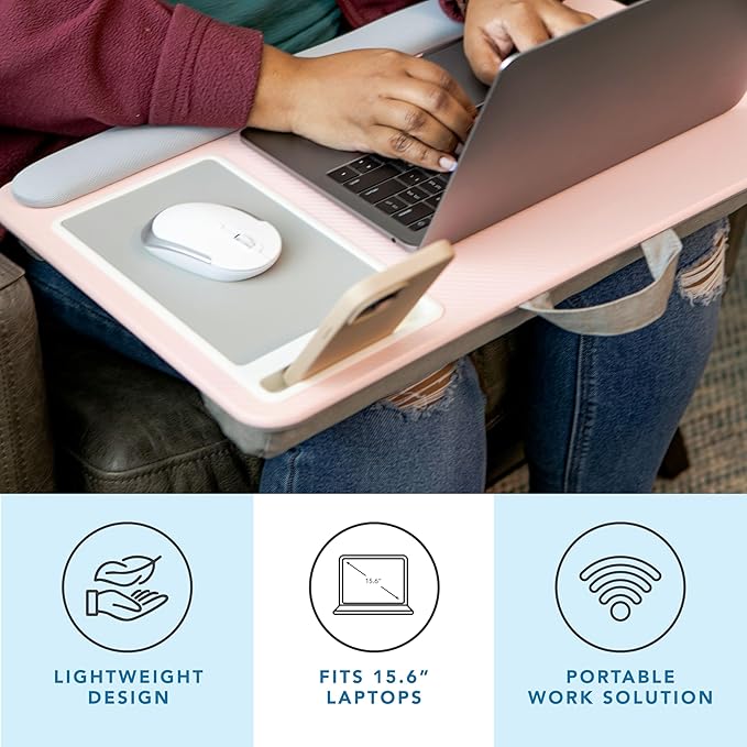 LAPGEAR Home Office Pro Lap Desk with Wrist Rest, Mouse Pad, and Phone Holder - Pink - Fits up to 15.6 Inch Laptops - Style No. 91604