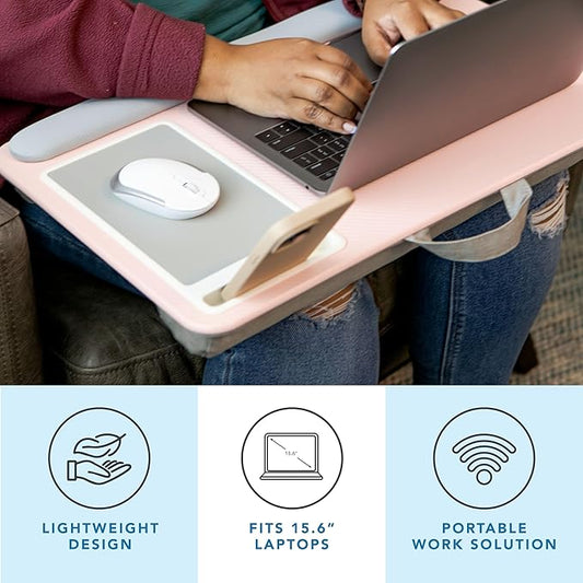 LAPGEAR Home Office Pro Lap Desk with Wrist Rest, Mouse Pad, and Phone Holder - Pink - Fits up to 15.6 Inch Laptops - Style No. 91604