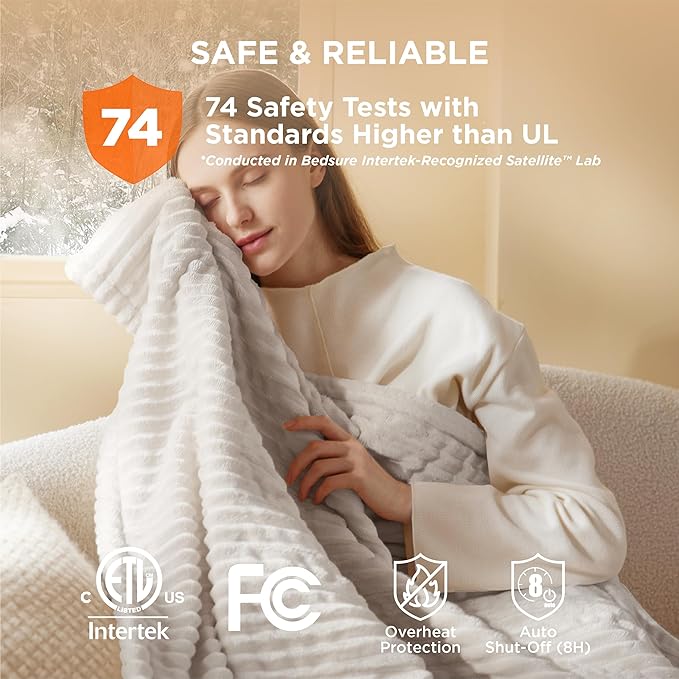 Bedsure GentleSoft Electric Blanket Twin - Soft Ribbed Flannel Heated Blanket, Heating with 10 Time Settings, 6 Heat Settings, and 8 hrs Timer Auto Shut Off, Gifts for Grandma (62x84 inches, Cream)