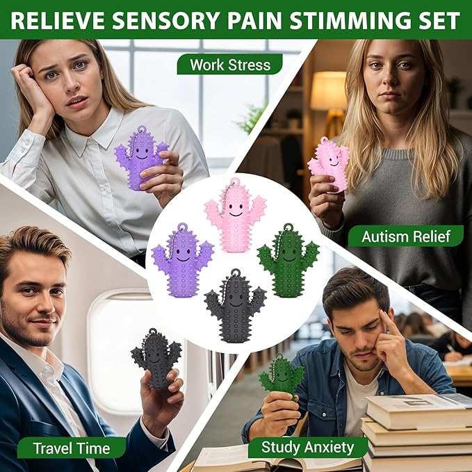 4 PCS Spiky Ouchies Fidget Toys for Adults Silicone Sensory Pain Stim Fidget Cactus for Anxiety Autism Work Stress Relief (Green&Pink&Gray&Purple, 4PCS)