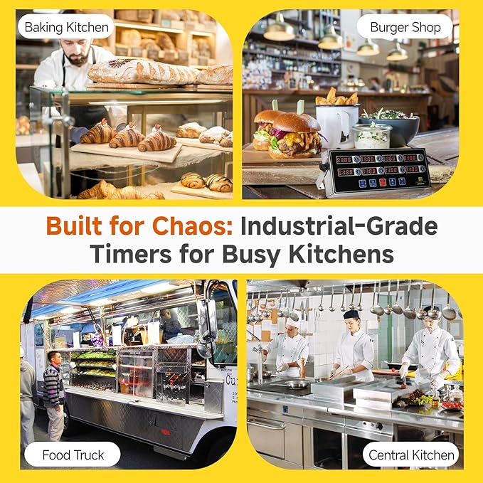 Commercial Kitchen Timers for Cooking, 8-Channel Timer for Commercial Kitchens, Heavy-Duty Loud Alarm Timer for Restaurants, Stainless Steel, LED Technology