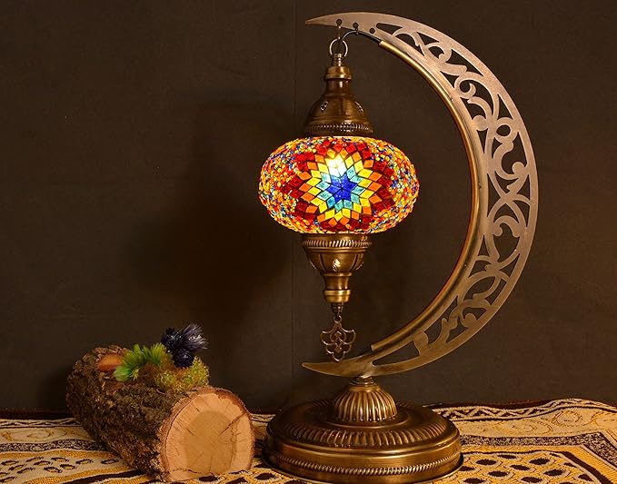 mozaist Turkish Tiffany Style Moon Shape Table Lamp, Moroccan Mosaic Crescent Handcraft Desk Light, Rustic Stained Glass Dining Room, Bedside Colorful Home Decor with E12 Socket & US Plug (Sunflower)
