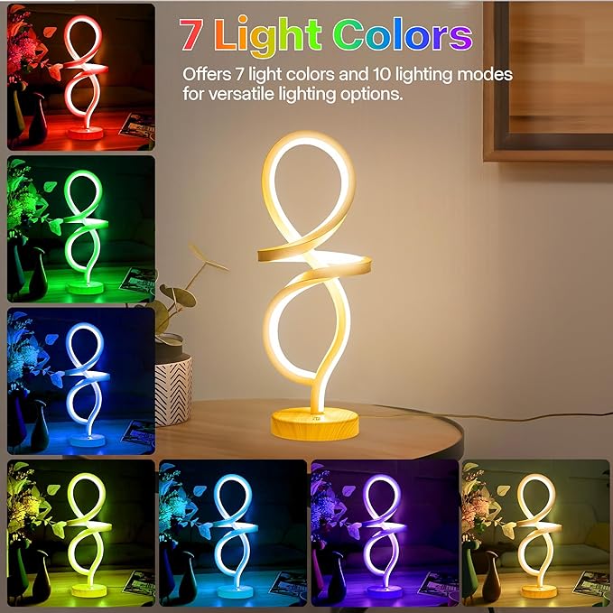 Mayful Modern LED Spiral Table Lamp, RGB Wood Grain Bedside Light with 7 Colors 10 Modes, Touch Dimmable Nightstand for Bedroom Living Room Home Office, 15W