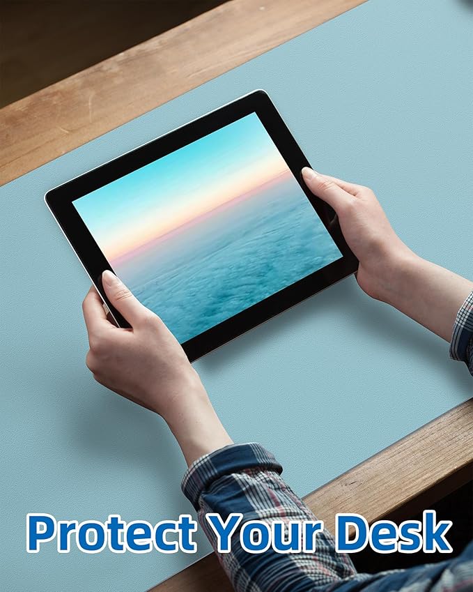AFIING Leather Desk Pad Protector,Mouse Pad,Office Desk Mat, Non-Slip PU Leather Desk Blotter,Large Desk mat,Waterproof Keyboard mat for Office/Home/Decor (Light Blue,35"" x 17"")
