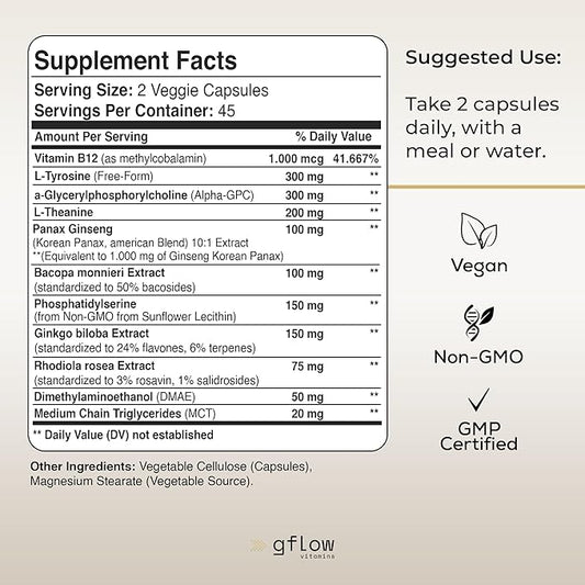 Ginkgo Biloba & Panax Ginseng 1446 mg, Alpha Gpc, L Tyrosine, L Theanine, Bacopa monnieri, Rhodiola Rosea, Phosphatidylserine, B12, MCT, DMAE - Complex with 11-1 Vitamins