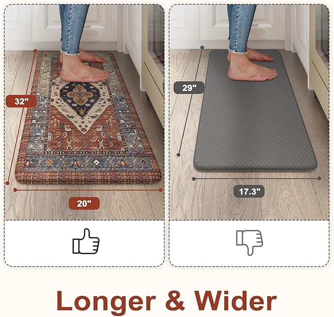 KIMODE Anti Fatigue Kitchen Mat, Boho Distressed Kitchen Rug 20"x32", Non Slip Waterproof Kitchen Floor Mat, Comfort Foam Mat for Kitchen Floor, Sink, Laundry, Office, Desk Red Floral