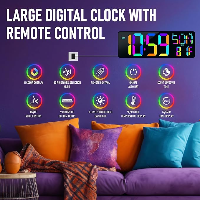 TXL16.5 Digital Wall Clock Large Display, LED Wall Clock RGB Color Changing, Count Up/Down Timer Clock with Remote Control, Adjustable Brightness Alarm Clock for Home, Office, Gym, Elderly, Auto DST
