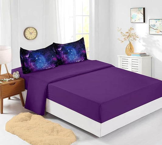 7PCS Purple Comforter Sets Queen,Girls Galaxy Comforter Queen,Girls Bed Sets Queen,Bed in a Bag with Flat Sheet and Fitted Sheet,Pillowcases,Cushion Covers for Girl,Galaxy Bedding Sets