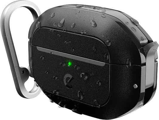 Keybudz for AirPods Pro Case with Lock - Fully Waterproof AirPods Pro 2nd Generation Case Cover - Keychain, Rugged Tough Protection, Hard Shell and Carabiner for USB-C/Lightning (Carbon Black)
