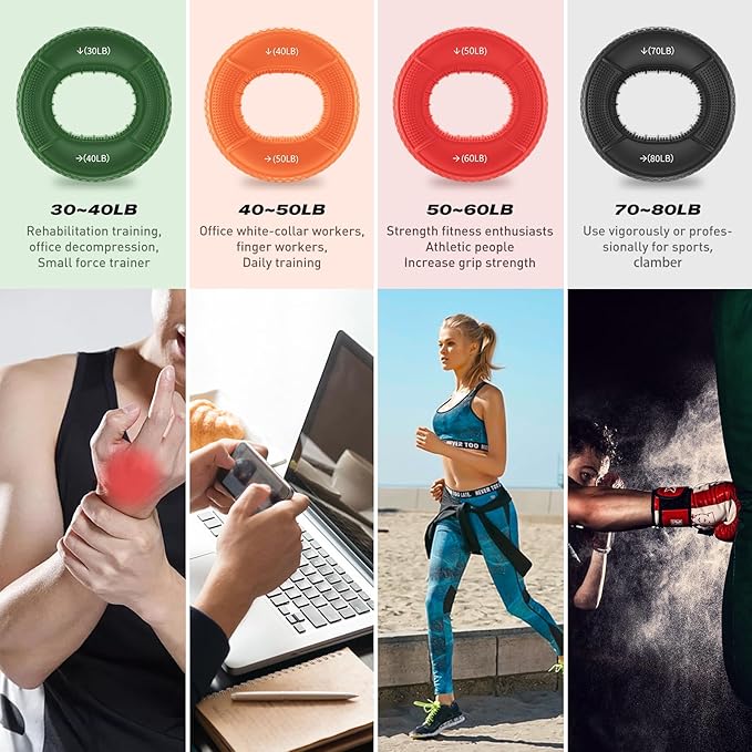 Hand Grip Strengthener Rings - 4 Pack Finger Exerciser Grip Strength Trainer Silicone Squeezer Gripper for Muscle Strengthening Training Forearm Grip Workout Stress Relief Rehabilitation 30LB-80LB
