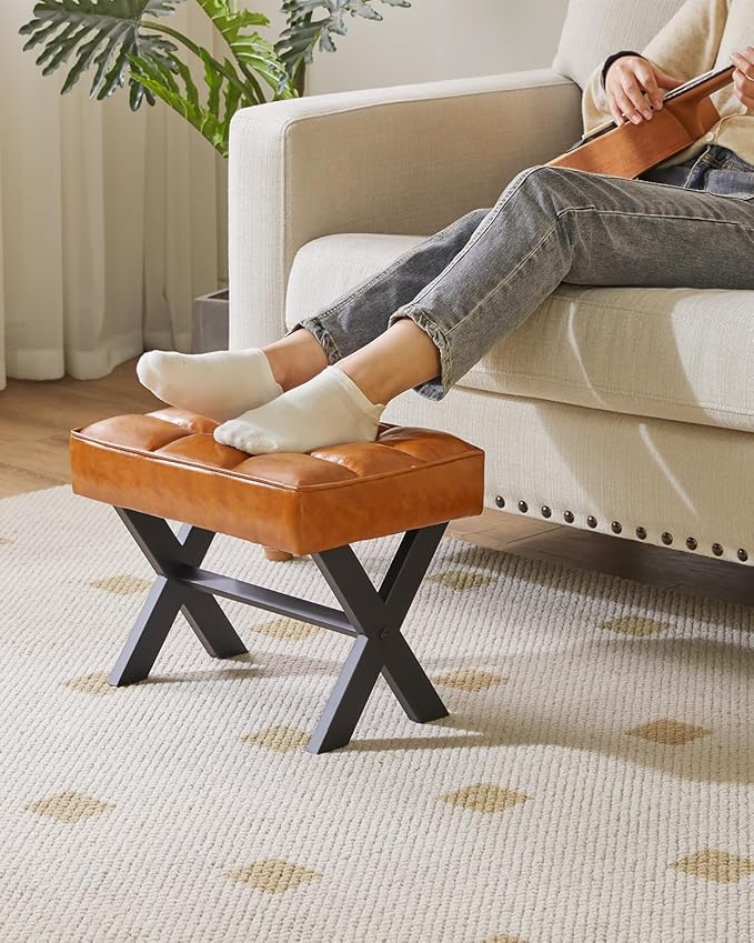 IBUYKE Small 12" H Footrest Stool, Square PU Foot Stool with Metal X-Leg, Multi-Use as Small Side Table, Step Stool for Living Room, Bedroom, Entryway, Office, Light Brown WBD012J