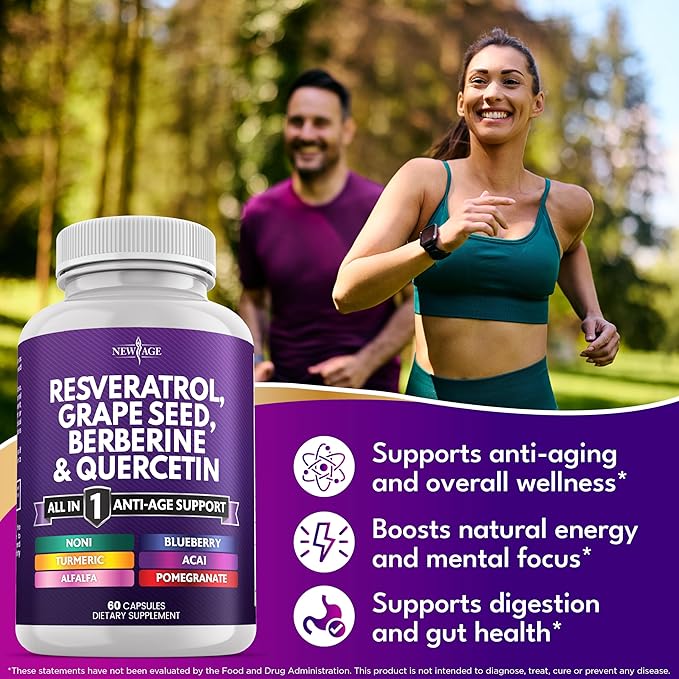 NEW AGE Resveratrol, Berberine, Grape Seed Extract, Quercetin, Polyphenol Supplement for Women and Men with Noni Extract, N-Acetyl Cysteine, Acai Extract - 120 Capsules