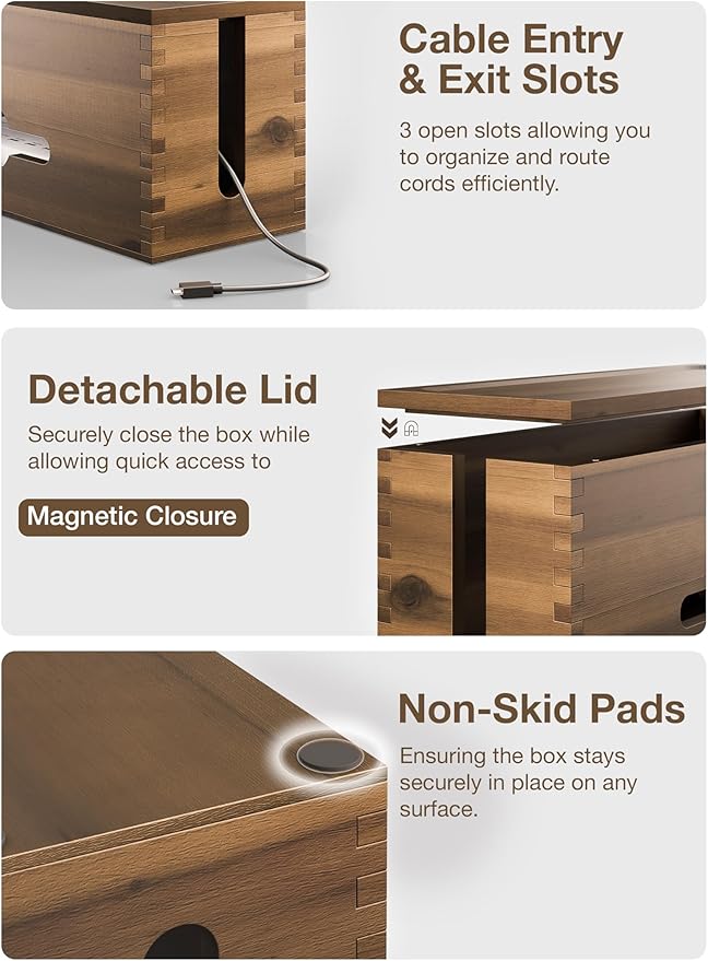 Acacia Large Cable Management Box - 15" L Cord Box Hider, Power Strip Box for Office - Cable Hider Box, Surge Protector Box - Wire Box Hider for Desk - 3 Open Slots, Magnetic Lid (Walnut color)