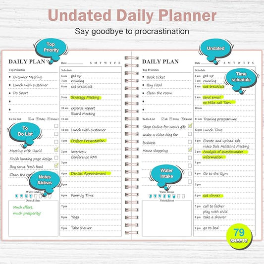 Asten Daily Undated Planner - To Do List Notebook With Hourly Schedule and Spiral Appointment Book for Men and Women, ADHD Work Planner With Inner Pocket, 8.3"x5.8", Pale Pink