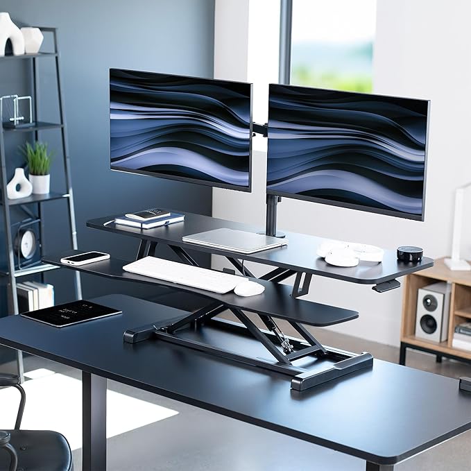 VIVO Height Adjustable 48 inch Standing Desk Converter with Dual 13 to 30 inch Monitor Stand, Sit Stand Monitor Mount and Desk Riser, Black, DESK-V048KB-M2