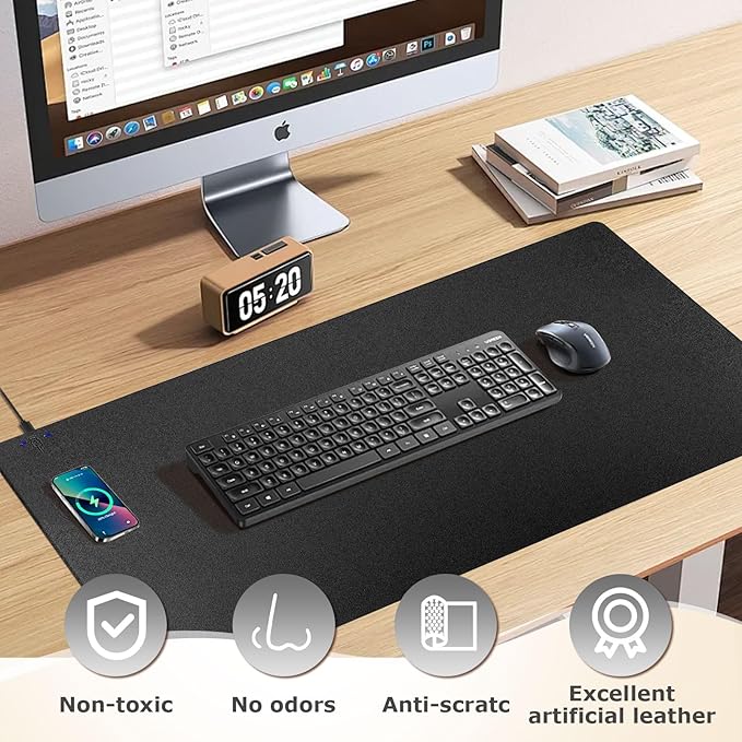Wireless Charging Mouse Pad Firelison 2 in 1 Leather Multifunctional Office Desk Pad with Non-Slip Rubber Base, Waterproof Desk pad for Computers/Office/Work/Home/Decor（ 36" x 17"Black - L）