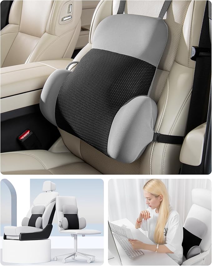 BEBAS Lumbar Support Pillow for Office Chair & Car Seat - Memory Foam Back Cushion with Adjustable Air Cushion, Dual Strap System for Back Pain Relief (Fits Gaming/Home Chairs)