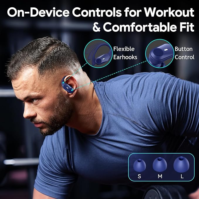 GOLREX Active Noise Cancelling Ear Buds Wireless Earbuds Bluetooth Headphones with 80H Playtime LED Display Wireless Charging Case, Over-Ear Hooks Earbud for Sports Running Gym Workout Blue