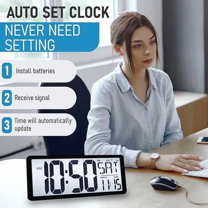 TXL Atomic Clock with Backlight, 14.2" Large Digital Wall Clock Battery Operated, Digital Clock Large Display with Day, Date & Temperature, Large Wall Clock for Bedroom, Livingroom, Office
