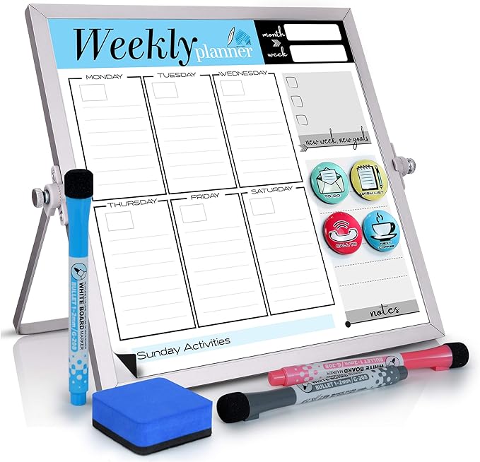Small Desktop Weekly Planner White Board - Calendar 10"x10" Dry Erase Magnetic to Do List Board with Stand, 3 Markers, 4 Magnets, Eraser - Portable Tabletop Whiteboard for Home School & Office