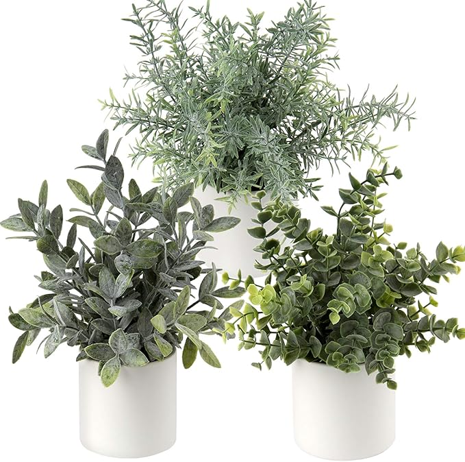 Briful Mini Fake Plants Set of 3 Small Faux Plant Eucalyptus Rosemary Greenery Potted Plants Artificial Decor for Home Table Office Room Desk Bathroom Shelf Kitchen Farmhouse Mantel Decoration