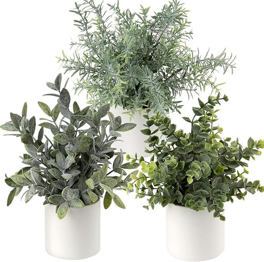 Briful Mini Fake Plants Set of 3 Small Faux Plant Eucalyptus Rosemary Greenery Potted Plants Artificial Decor for Home Table Office Room Desk Bathroom Shelf Kitchen Farmhouse Mantel Decoration