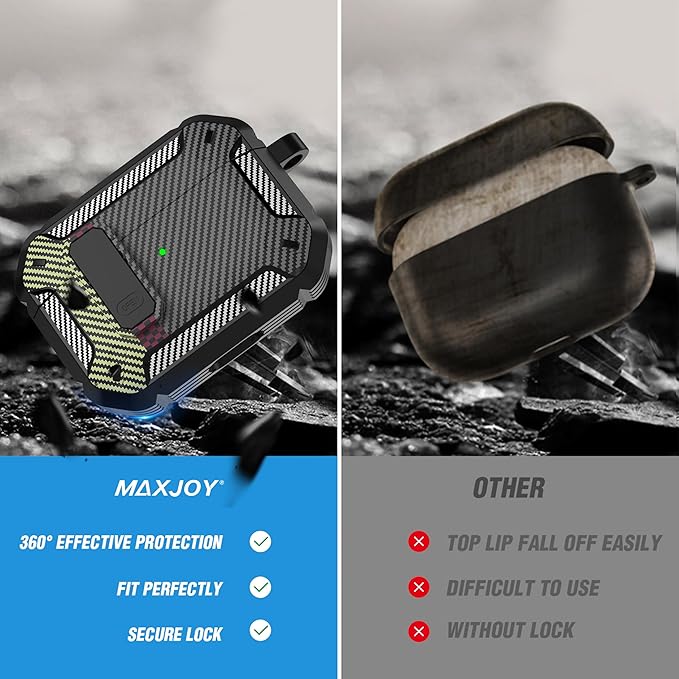 Maxjoy for AirPods Pro Case Cover with Lock, AirPods Pro 1st Generation Case for Men Military Rugged Protective Cover with Keychain Compatible with Apple AirPod Pros 2019 Front LED, Carbon Fiber Gray