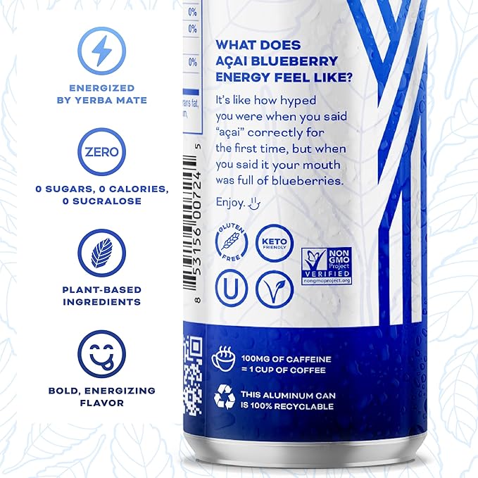 Yerbaé Energy Seltzer - Acai Blueberry, No Sugar/Calories/Carbs. Energized by Yerba Mate, Naturally Caffeinated, Plant-Based, Healthy Alternative to Coffee Sugary Sodas, Pack of 12, 12oz cans