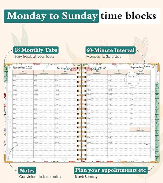 2025-2026 Appointment Book, Academic Planner 18 Months Weekly and Monthly (July 2025 - December 2026), 8.5"x11" Daily Hourly Planner 60-Minute time Slots, Spiral Calendar Schedule Book for Work School Teacher Student, Wildflower Garden