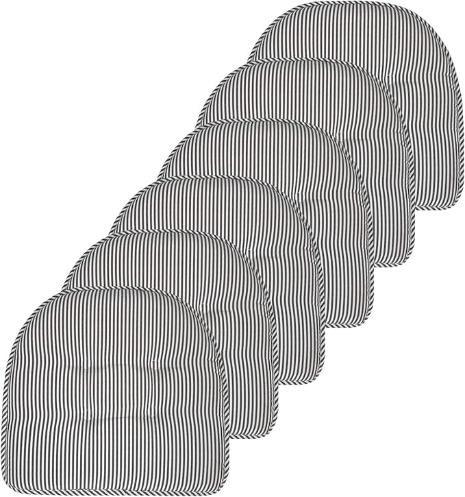Sweet Home Collection Chair Cushion Memory Foam Pads Tufted Slip Non Skid Rubber Back U-Shaped 17" x 16" Seat Cover, 6 Pack, Pinstripe Charcoal, (Pack of 2)