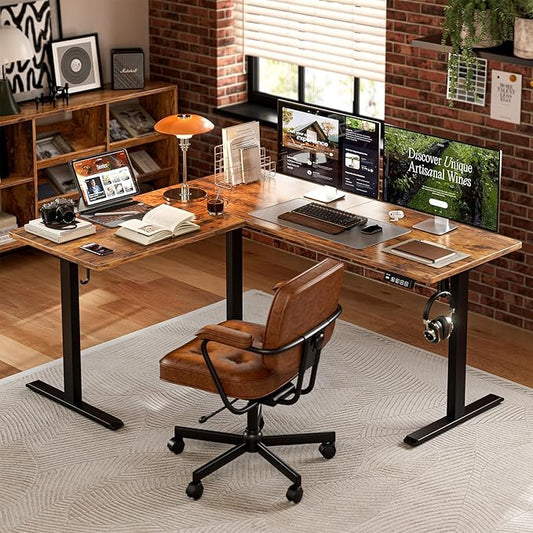 Grandder L Shaped Standing Desk Adjustable Height, Electric Standing Corner Desk, 63 Inch Sit Stand Computer Table with Splice Board, Rustic Brown