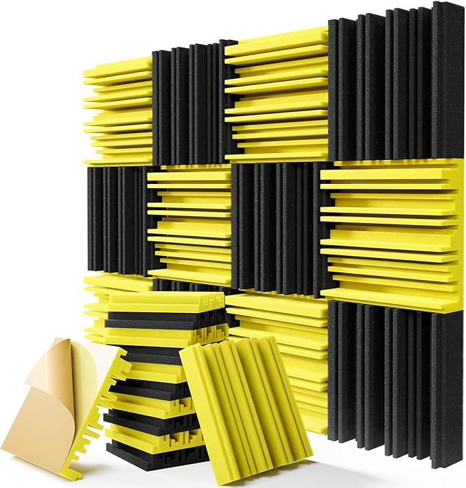 12 Pack Sound Proof Foam Panels for Walls, 12" x 12" x 2" Self-Adhesive Acoustic Panels, High-Density Soundproof Wall Panels for Studio Home and Ceilings (Black+Yellow)