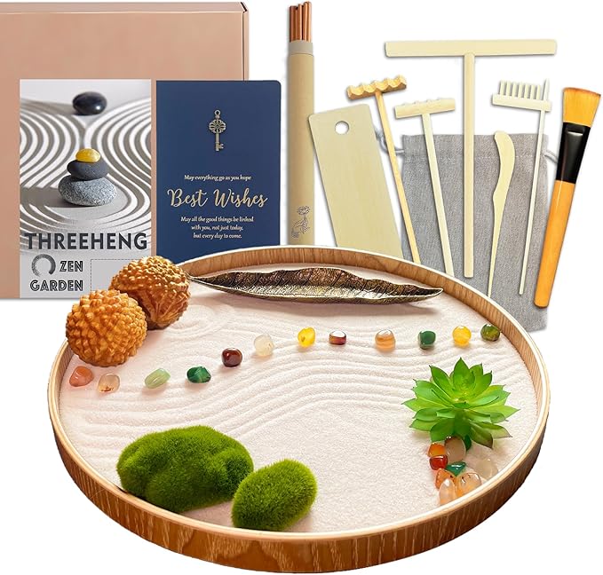 Japanese Zen Garden Kit for Desk, Bamboo Sand Garden Meditation Therapy Tray Gift Set, Mini Zen Décor Office Desktop Accessories - 2 Textured Spheres, Incense with Holder