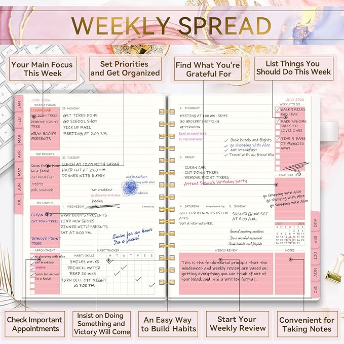 2026 Planner -Weekly and Monthly Planner, Calendar Planner 2026 for Women, AIMPEAK Weekly Planner 2026 with Tabs, Jan. 2026 - Dec. 2026, Pen Loop, Pink Marble, 5.5" x 8.5"