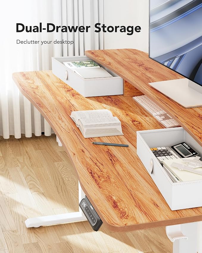 HUANUO 55″ x 26″ Electric Standing Desk with 2 Drawers, C-Clamp Mount Compatible, Height Adjustable Computer Desk, Home Office Stand Up Desk with 4 Preset Heights & 2 Hooks, Light Vintage