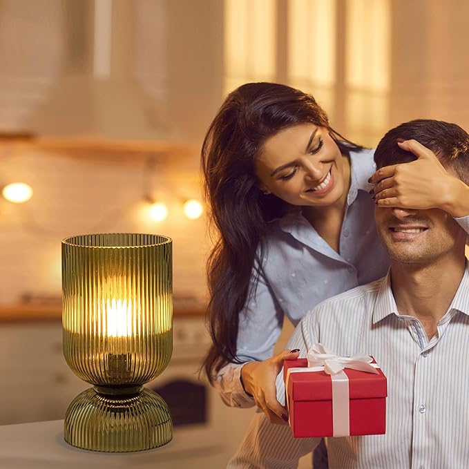 Modern RGB Glass Table Lamp with Remote，Color Changing Bedside Lamp with Green Glass Shade, 16 Colors, On/Off Cord Switch, Nightstand Lamp for Bedroom, Living Room, Office,Bulb Included