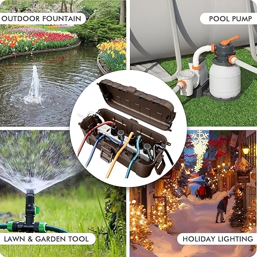 RESTMO Outdoor Electrical Box, IP54 Weatherproof Extension Cord Cover with 6 Cable Entry Ports, Waterproof Connection Box Protect Power Strip, Timer, Plug, Holiday Lights, (11.5x5.2x4 inch), Brown