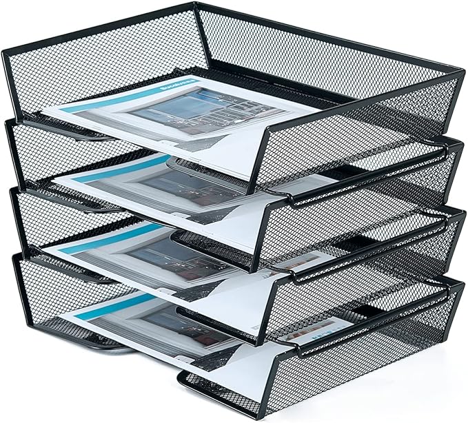SETTFRFE 4 Tier Metal Mesh Desk Organizer-Stackable Letter Trays for Office Supplies,Black File Storage System with Reinforced Edges
