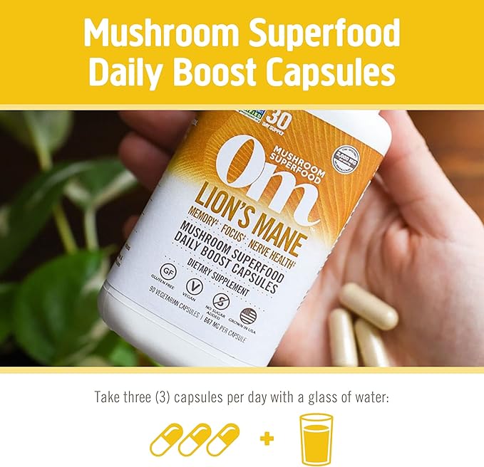 OM MUSHROOM SUPERFOOD Lion's Mane Mushroom Capsules Superfood Supplement, 180 Count, 60 Days, Fruit Body and Mycelium Nootropic for Memory Support, Focus, Clarity, Nerve Health, Creativity and Mood